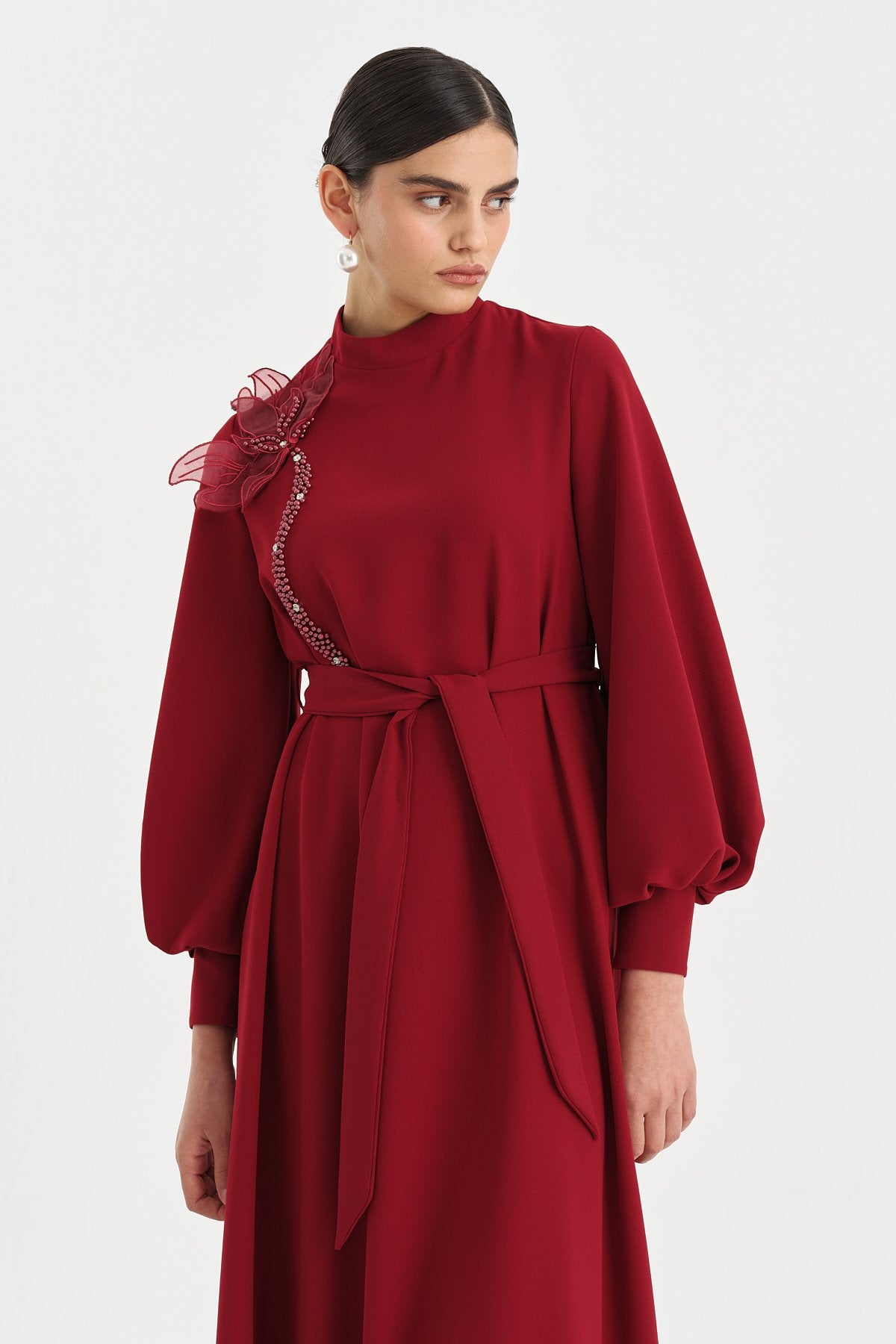 Dress with Floral and Stone Embellished Neckline - Burgundy