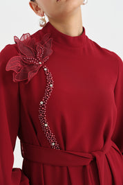Dress with Floral and Stone Embellished Neckline - Burgundy