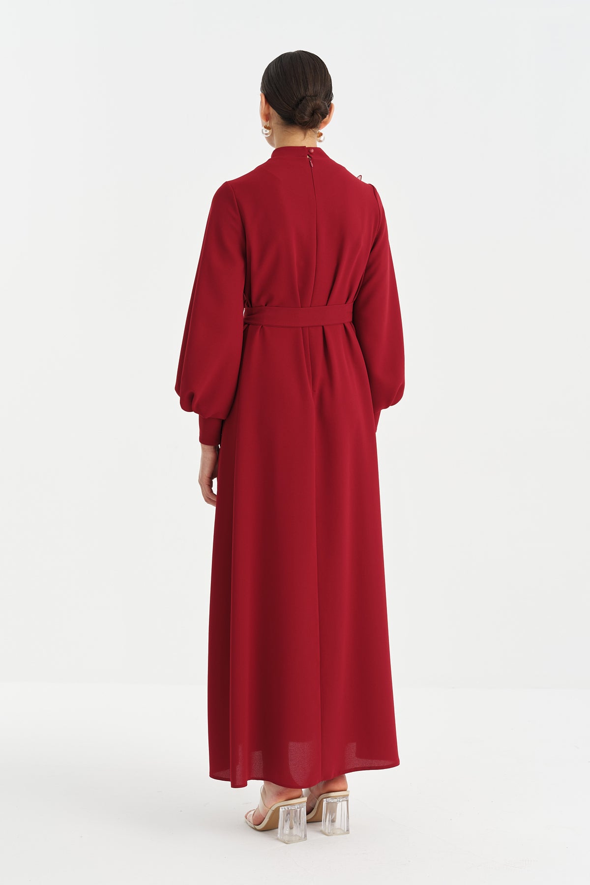Dress with Floral and Stone Embellished Neckline - Burgundy