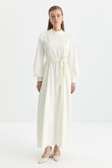 Dress with Floral and Stone Embellished Neckline - Ecru