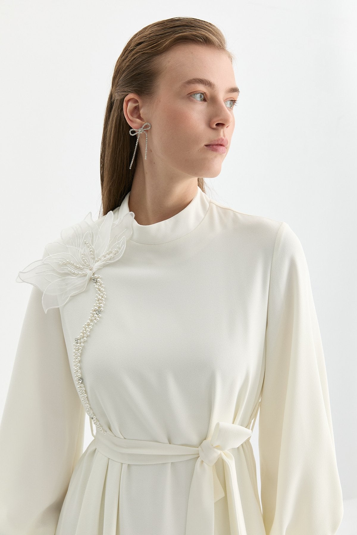 Dress with Floral and Stone Embellished Neckline - Ecru