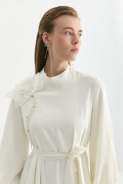 Dress with Floral and Stone Embellished Neckline - Ecru