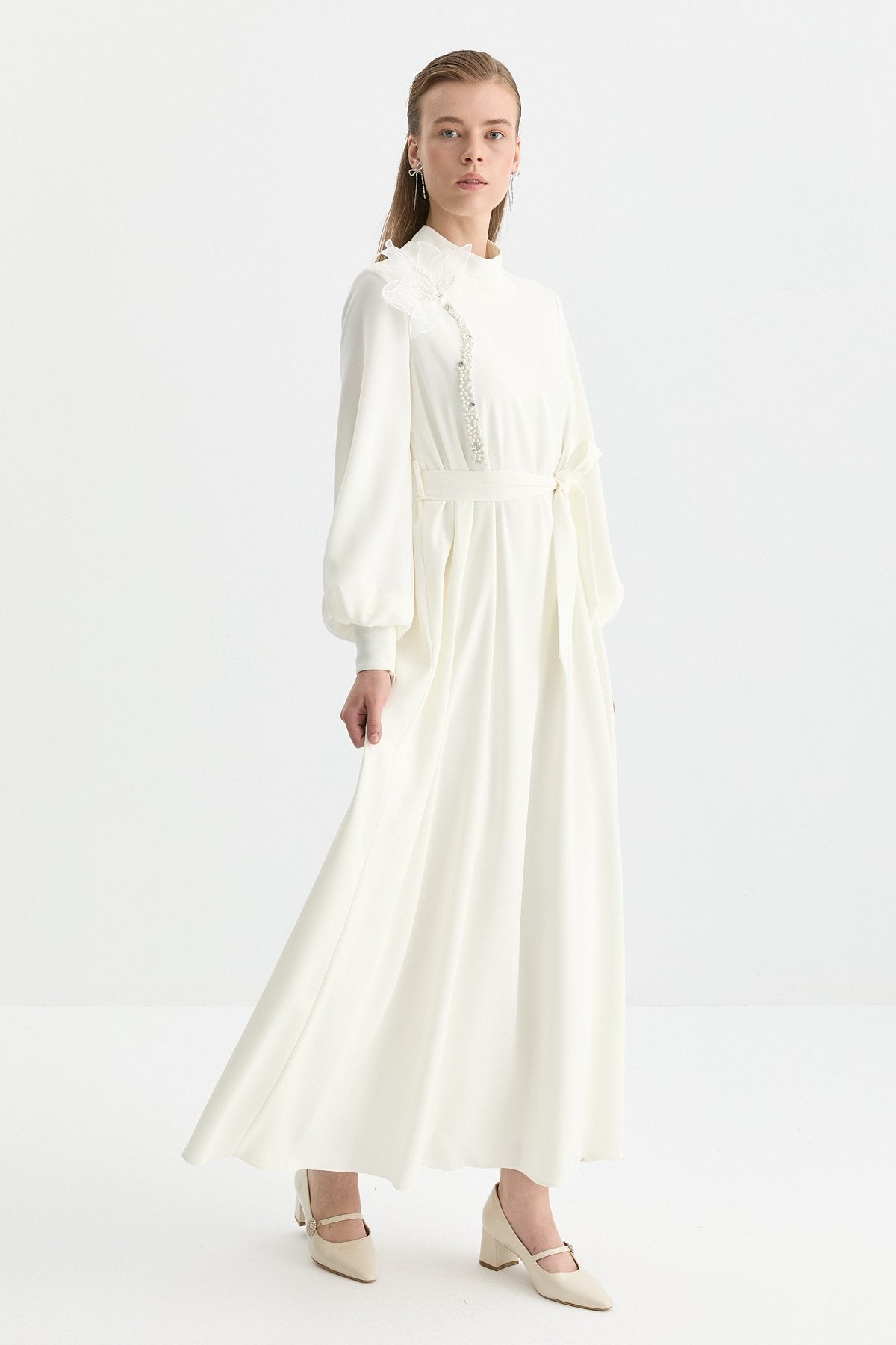 Dress with Floral and Stone Embellished Neckline - Ecru
