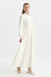 Dress with Floral and Stone Embellished Neckline - Ecru