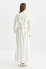 Dress with Floral and Stone Embellished Neckline - Ecru