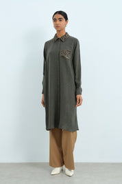 Leather Collar Viscose Tunic - Khaki