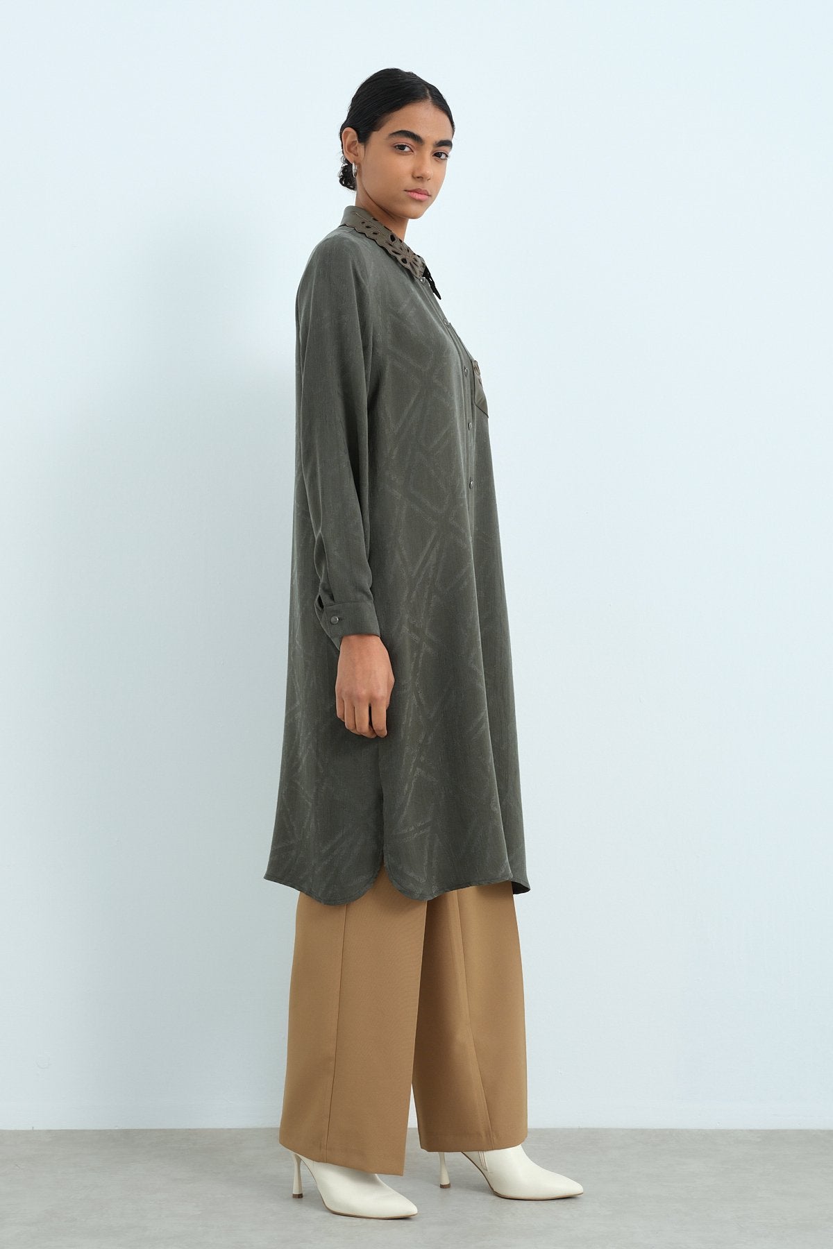 Leather Collar Viscose Tunic - Khaki