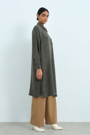 Leather Collar Viscose Tunic - Khaki