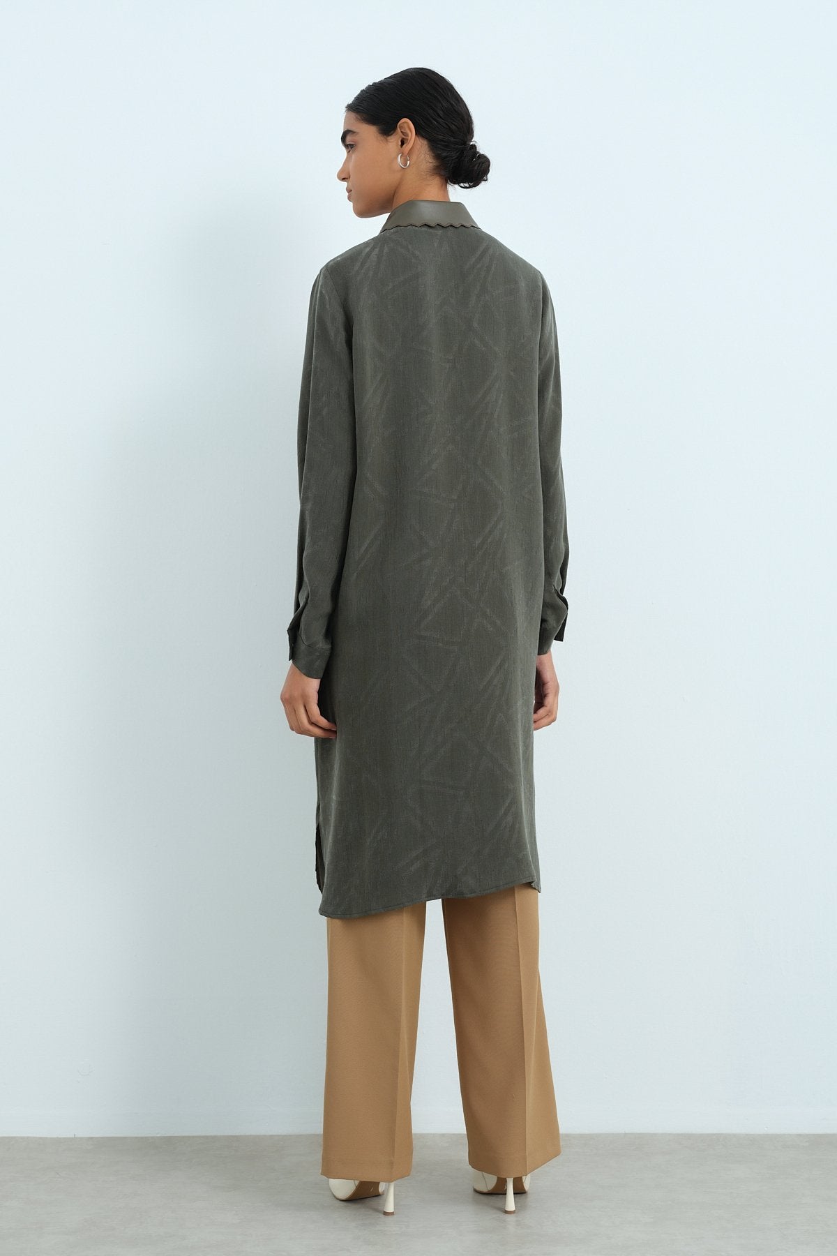 Leather Collar Viscose Tunic - Khaki