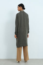 Leather Collar Viscose Tunic - Khaki