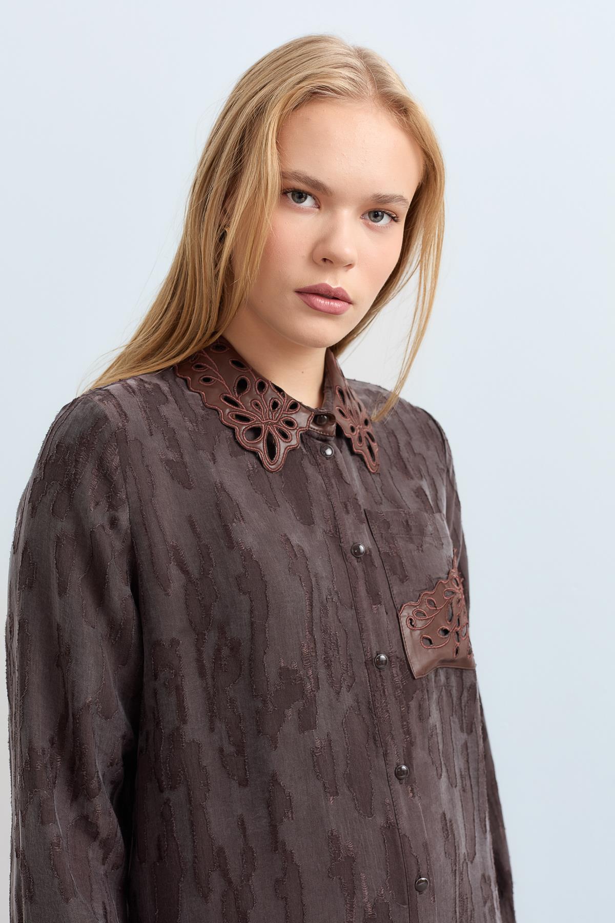 Leather Collar Viscose Tunic - Brown