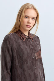 Leather Collar Viscose Tunic - Brown