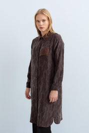 Leather Collar Viscose Tunic - Brown