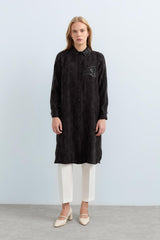 Leather Collar Viscose Tunic - Black