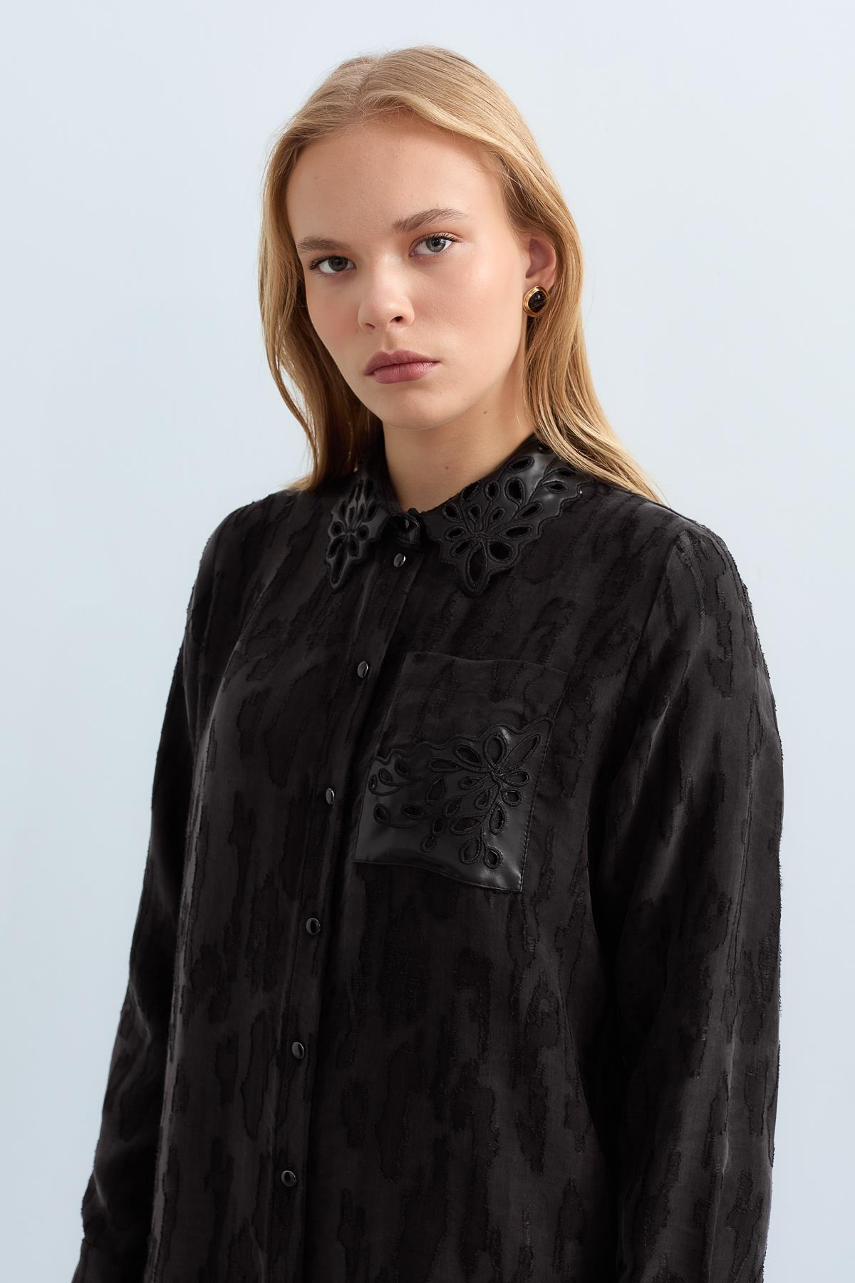 Leather Collar Viscose Tunic - Black