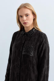 Leather Collar Viscose Tunic - Black