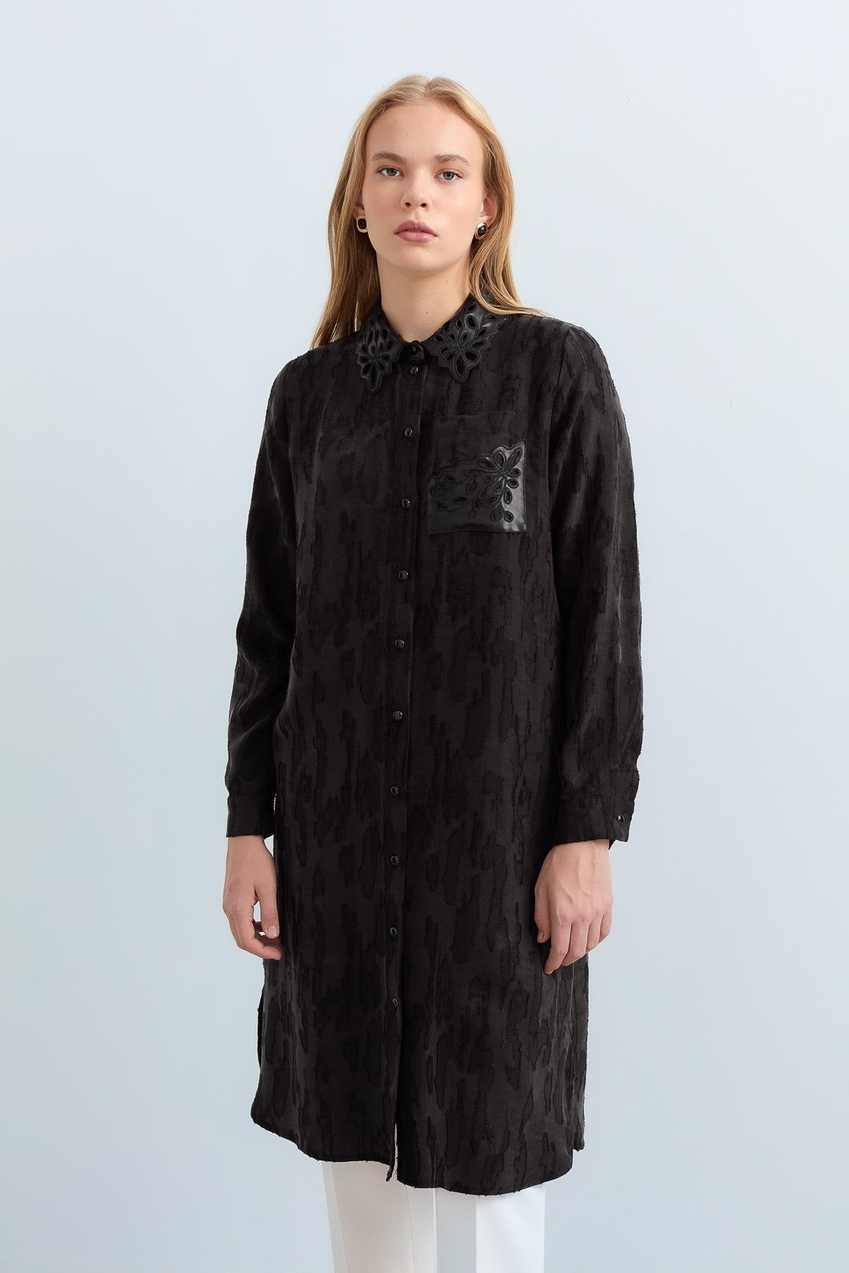 Leather Collar Viscose Tunic - Black
