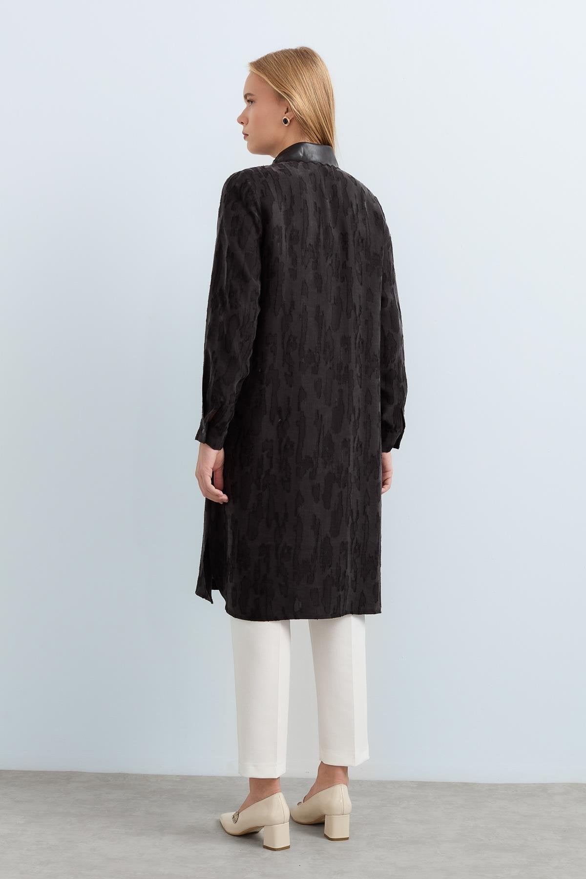 Leather Collar Viscose Tunic - Black