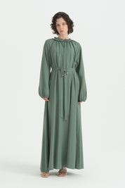 Ruffled Collar Linen Dress - Moss Green