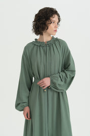 Ruffled Collar Linen Dress - Moss Green
