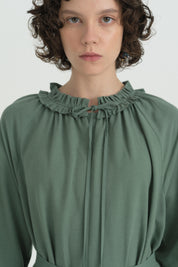 Ruffled Collar Linen Dress - Moss Green