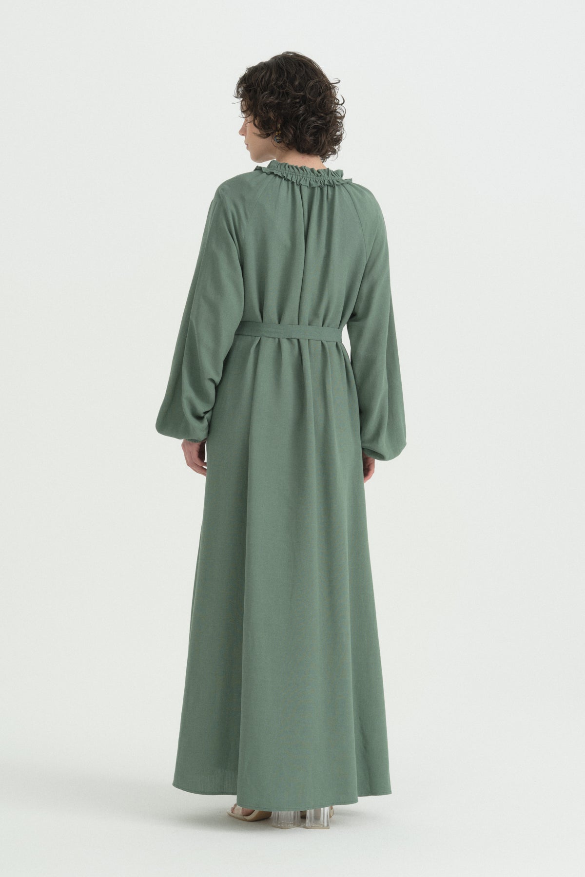 Ruffled Collar Linen Dress - Moss Green