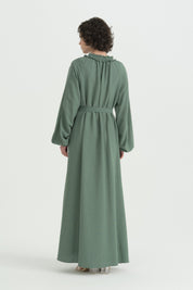 Ruffled Collar Linen Dress - Moss Green