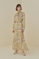 Printed Dress with Scarf Collar and Belted Waist - Green