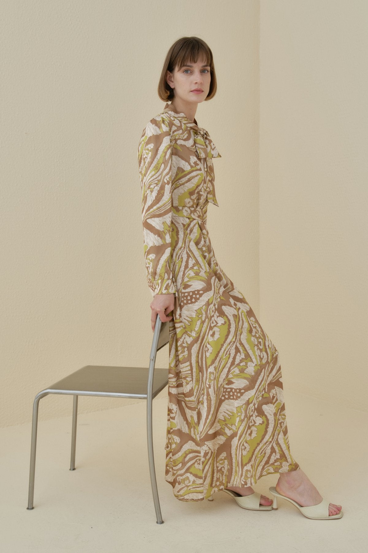 Printed Dress with Scarf Collar and Belted Waist - Green