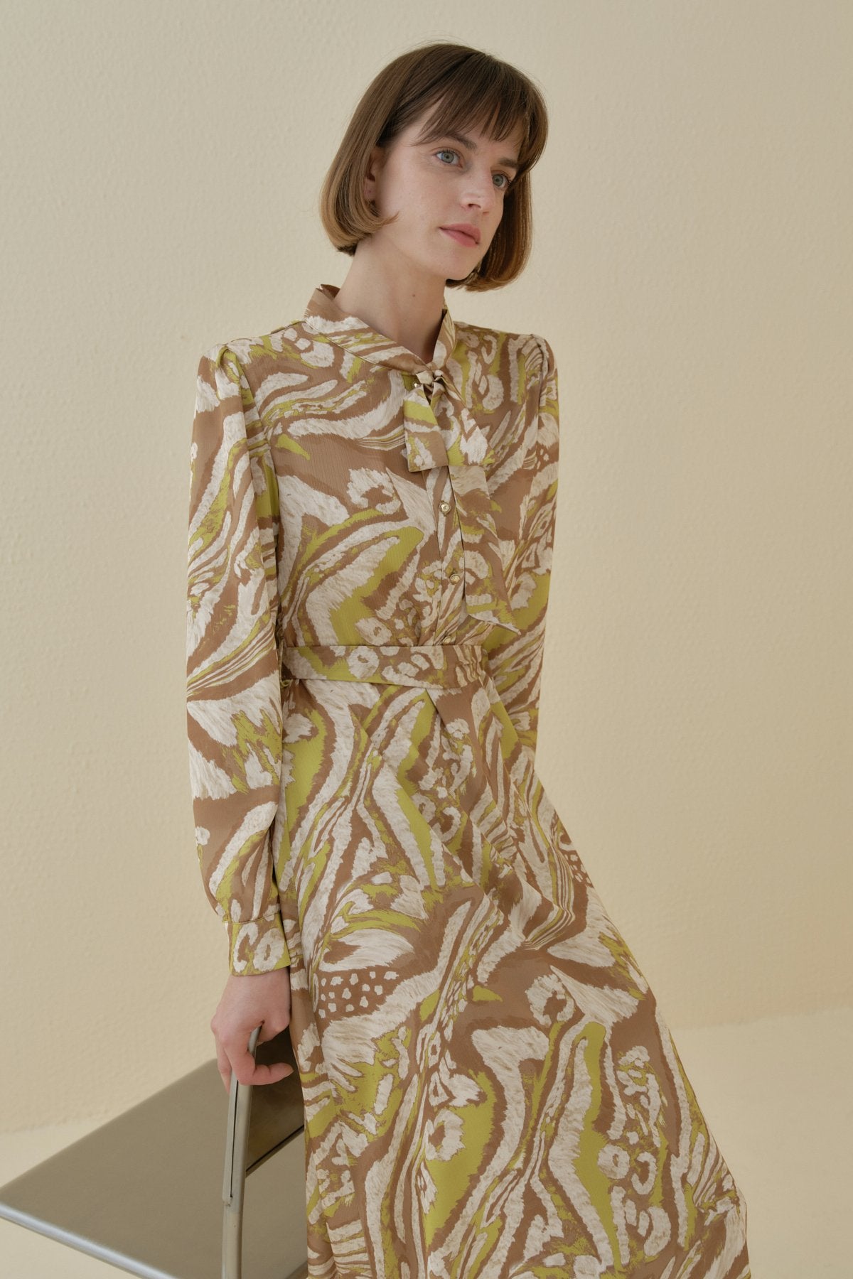 Printed Dress with Scarf Collar and Belted Waist - Green