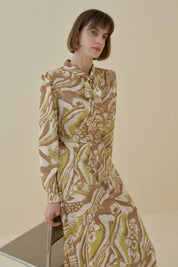 Printed Dress with Scarf Collar and Belted Waist - Green