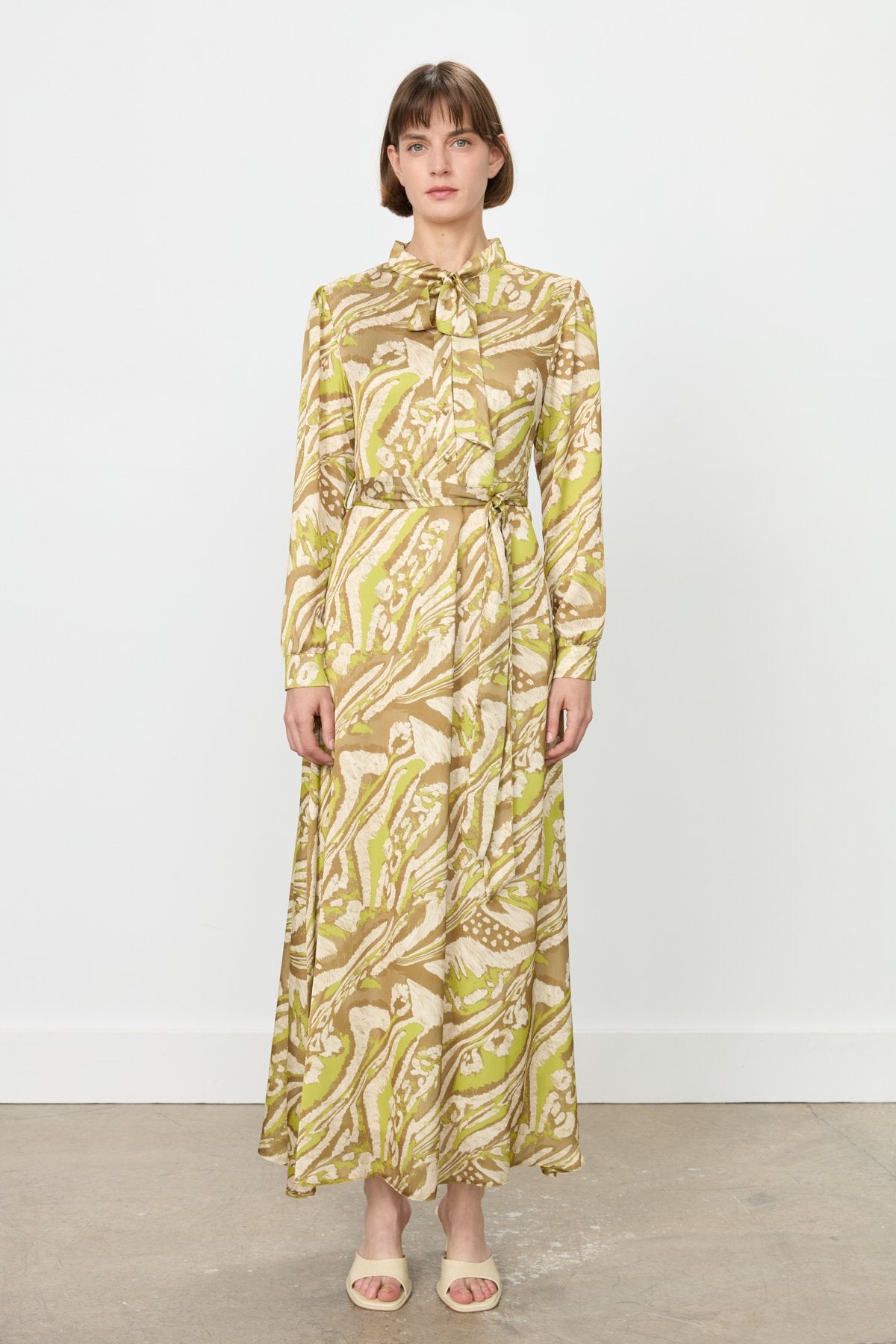 Printed Dress with Scarf Collar and Belted Waist - Green