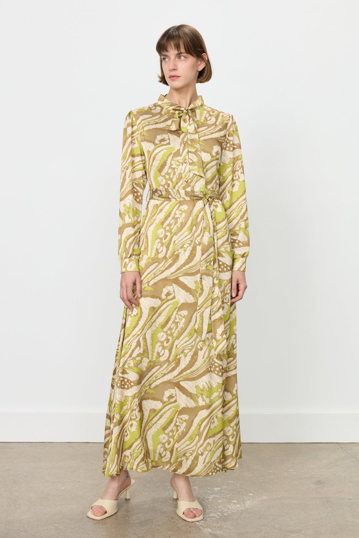 Printed Dress with Scarf Collar and Belted Waist - Green