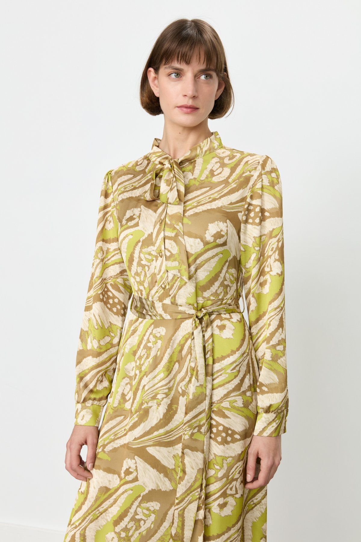 Printed Dress with Scarf Collar and Belted Waist - Green