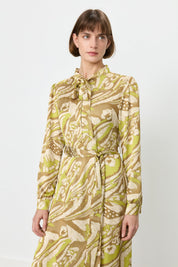 Printed Dress with Scarf Collar and Belted Waist - Green