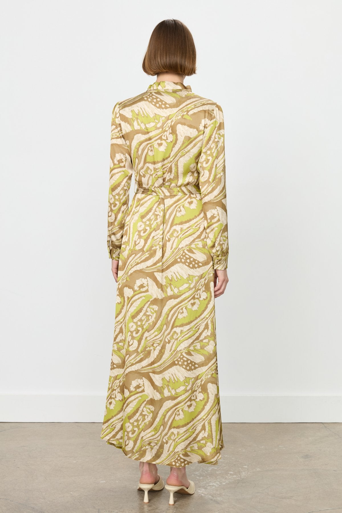 Printed Dress with Scarf Collar and Belted Waist - Green