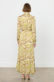 Printed Dress with Scarf Collar and Belted Waist - Green