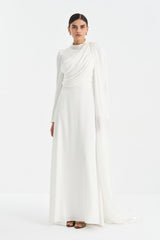 Pearl-Embellished Draped Evening Dress - White