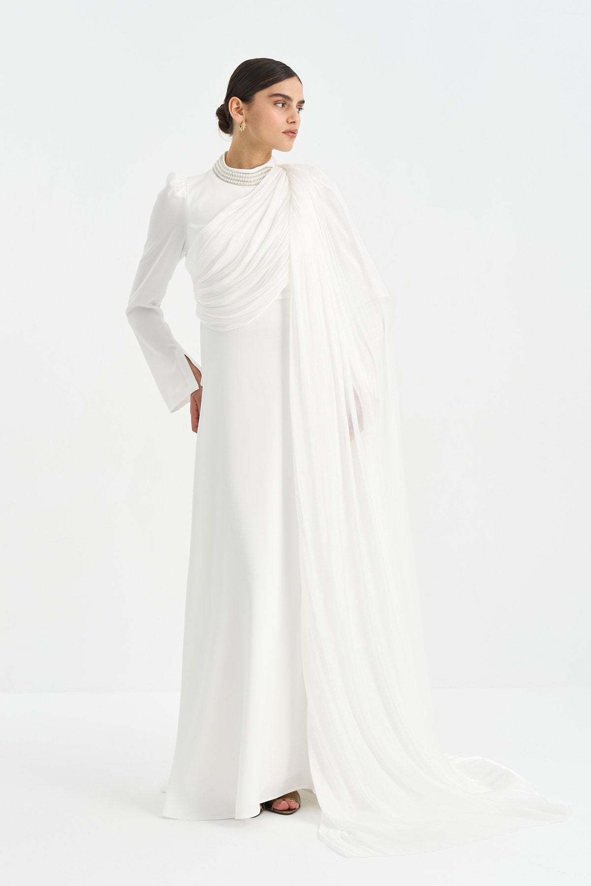 Pearl-Embellished Draped Evening Dress - White