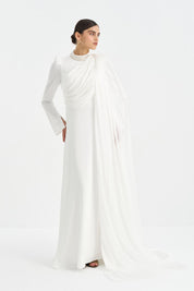 Pearl-Embellished Draped Evening Dress - White