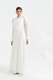 Pearl-Embellished Draped Evening Dress - White