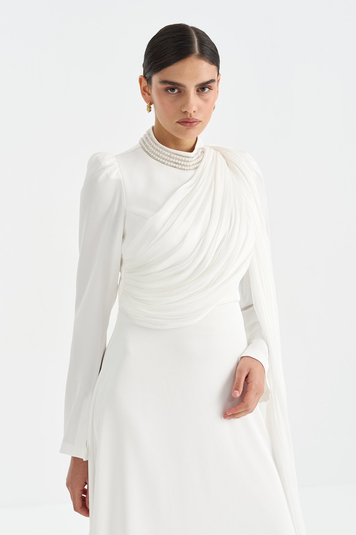 Pearl-Embellished Draped Evening Dress - White