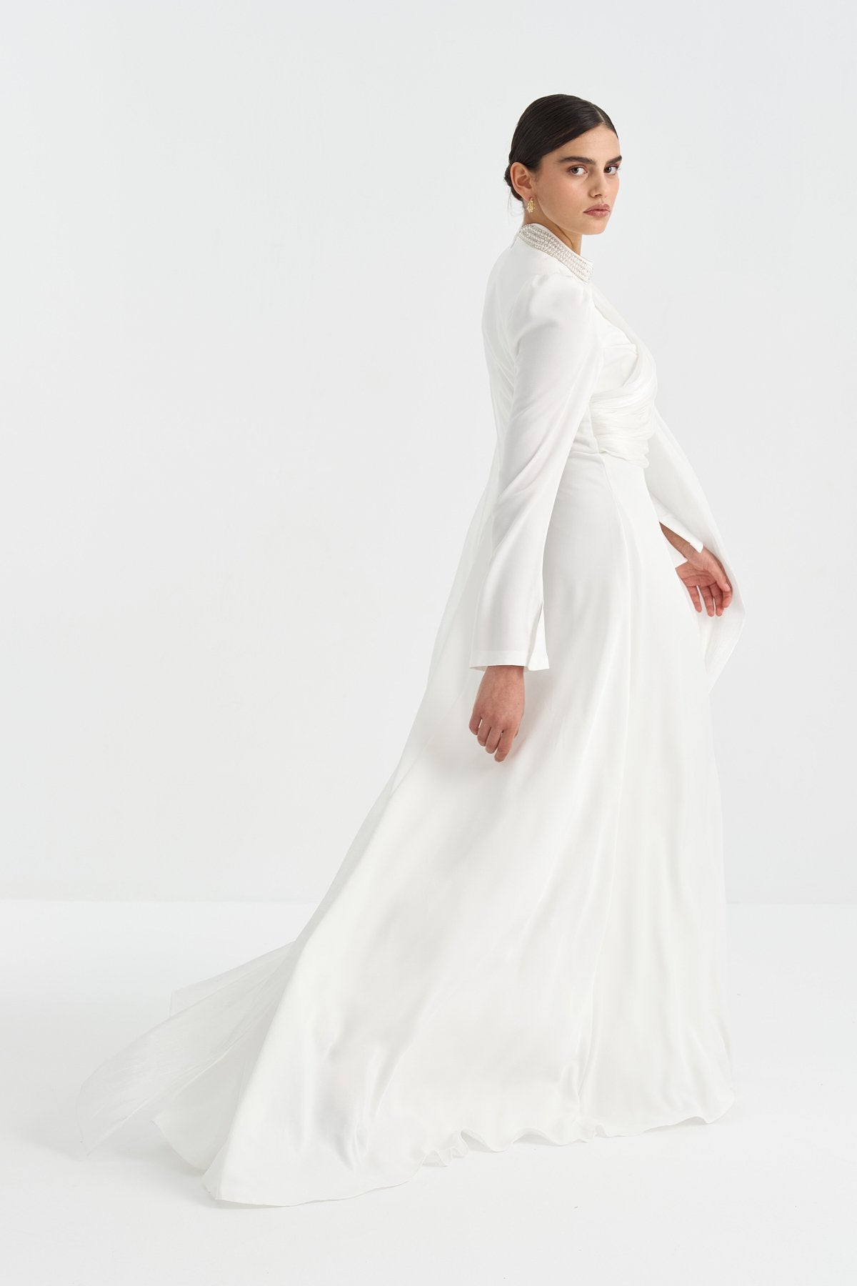 Pearl-Embellished Draped Evening Dress - White