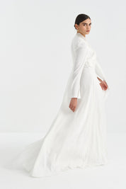Pearl-Embellished Draped Evening Dress - White