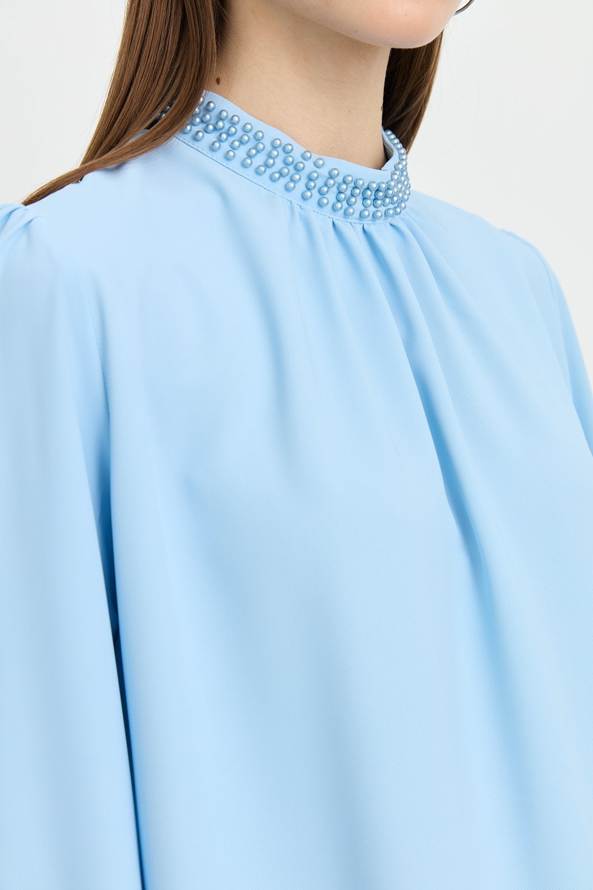 Elegant Blouse with Pearl Embellished Collar - Light Blue