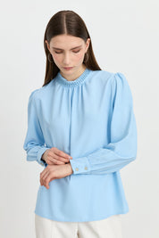 Elegant Blouse with Pearl Embellished Collar - Light Blue
