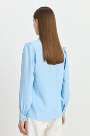 Elegant Blouse with Pearl Embellished Collar - Light Blue