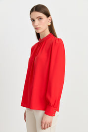 Elegant Blouse with Pearl Embellished Collar - Coral