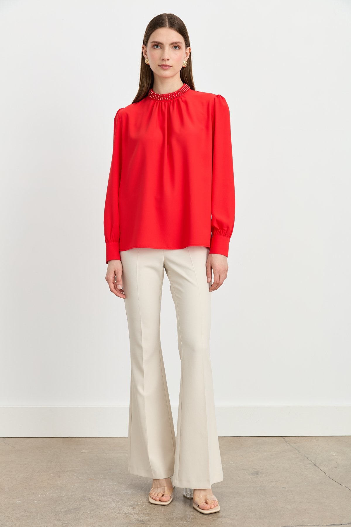Elegant Blouse with Pearl Embellished Collar - Coral