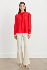 Elegant Blouse with Pearl Embellished Collar - Coral